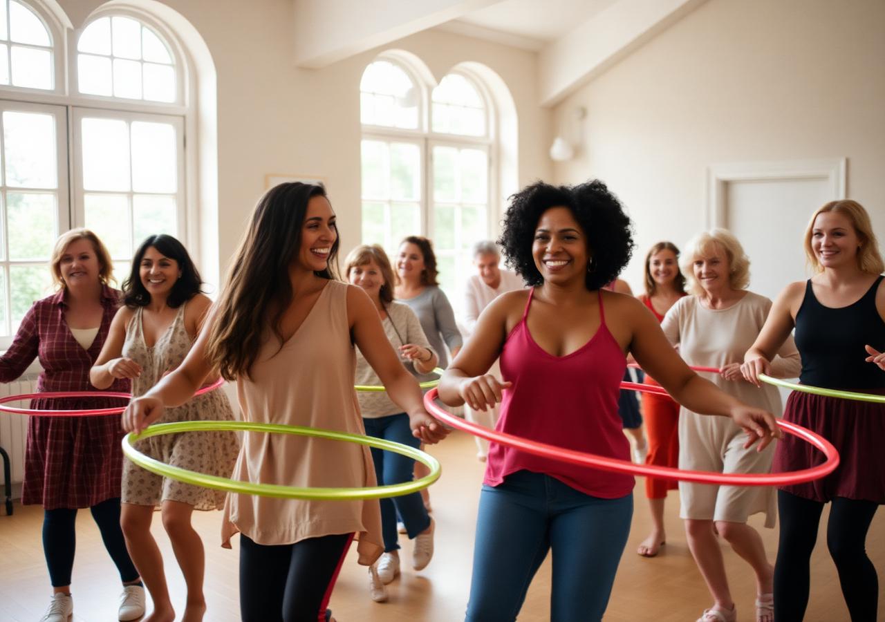 A group of women hooping together in a bright community hall