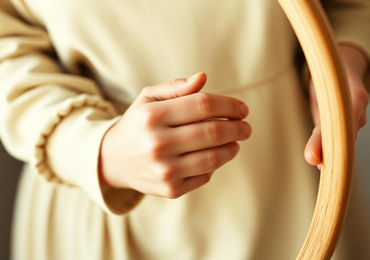 Hands holding a wooden hoop in soft light